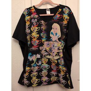 Alice in Wonderland Scrub Top 2X by Disney Black Spandex Sides Womens Plus